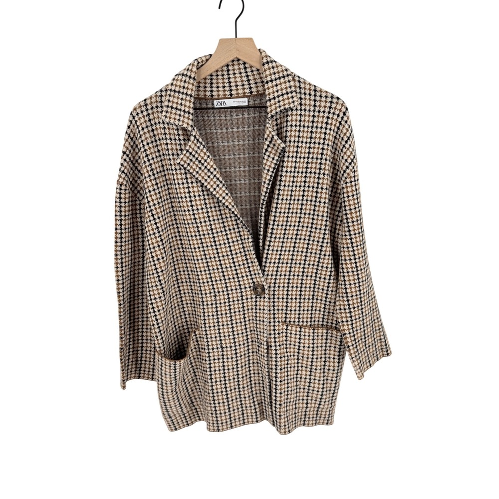 Zara Knit Blazer Brown Small Houndstooth Plaid Oversized Cardigan Jacket